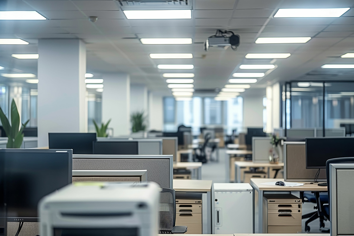 Modern office space with rows of desks