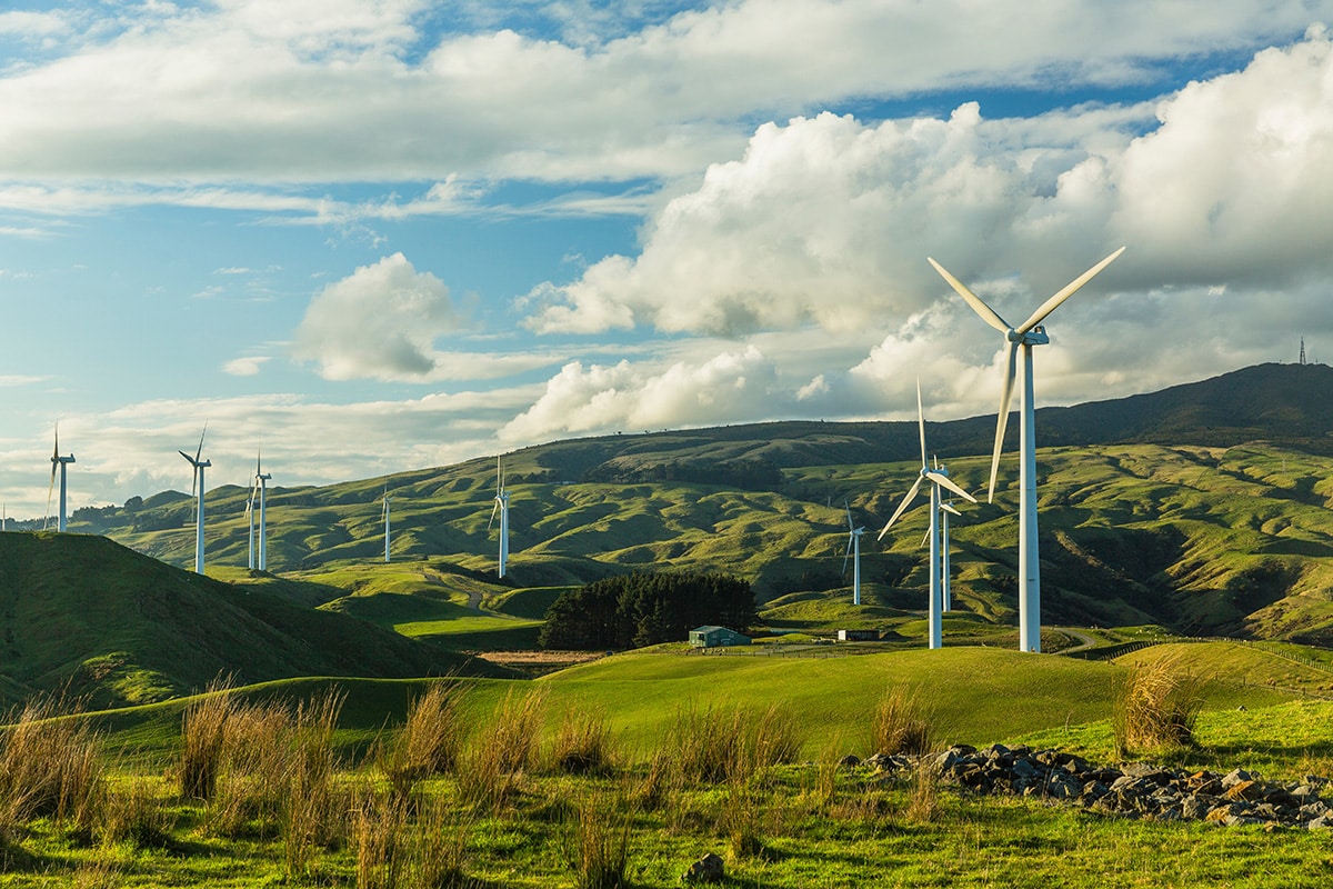 Wind farm on green hills